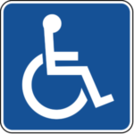 Universal disability icon. Blue square with person sitting in a wheelchair in the center