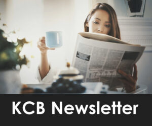 Graphic with the words KCP newsletter and woman reading a newspaper in the background